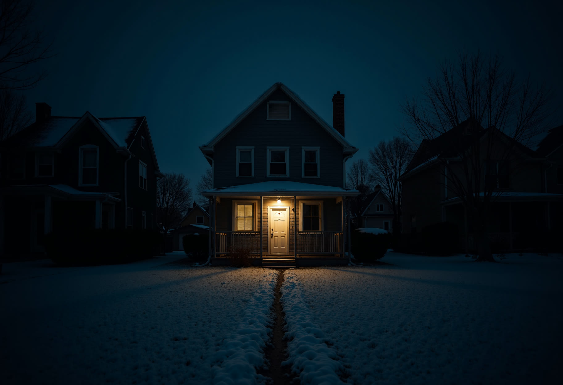 One lit house on a dark street